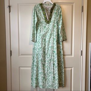 Vintage Soft Surroundings Green Jewel Tropical Maxi Kaftan Dress XS